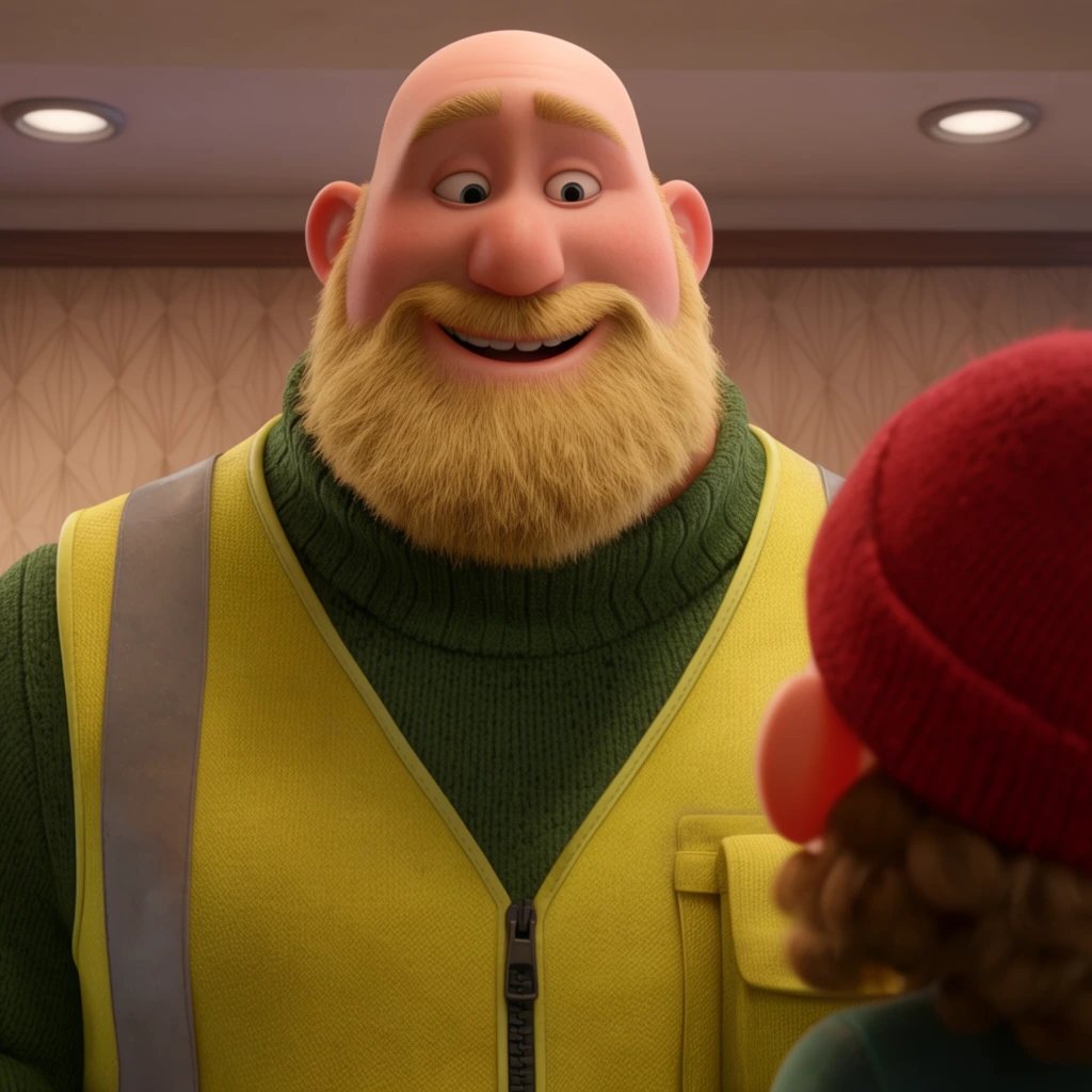 massive bald man with thick blonde beard and warm smile, wearing a yellow safety vest over a green turtleneck, looking down kindly, viewed over the shoulder of a small figure in a red beanie, interior room with geometric patterned wallpaper, recessed ceiling lights, 3D computer animation style, soft cinematic lighting, shallow depth of field