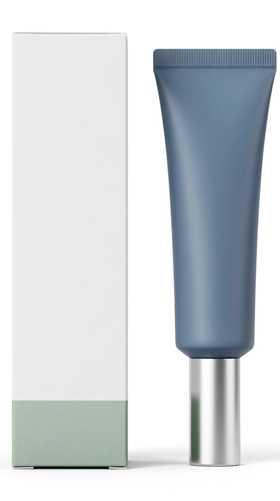 matte slate blue cosmetic tube, metallic silver cap, tall white rectangular box with sage green base, plain white background, soft drop shadows, clean minimalist product photography, bright studio lighting