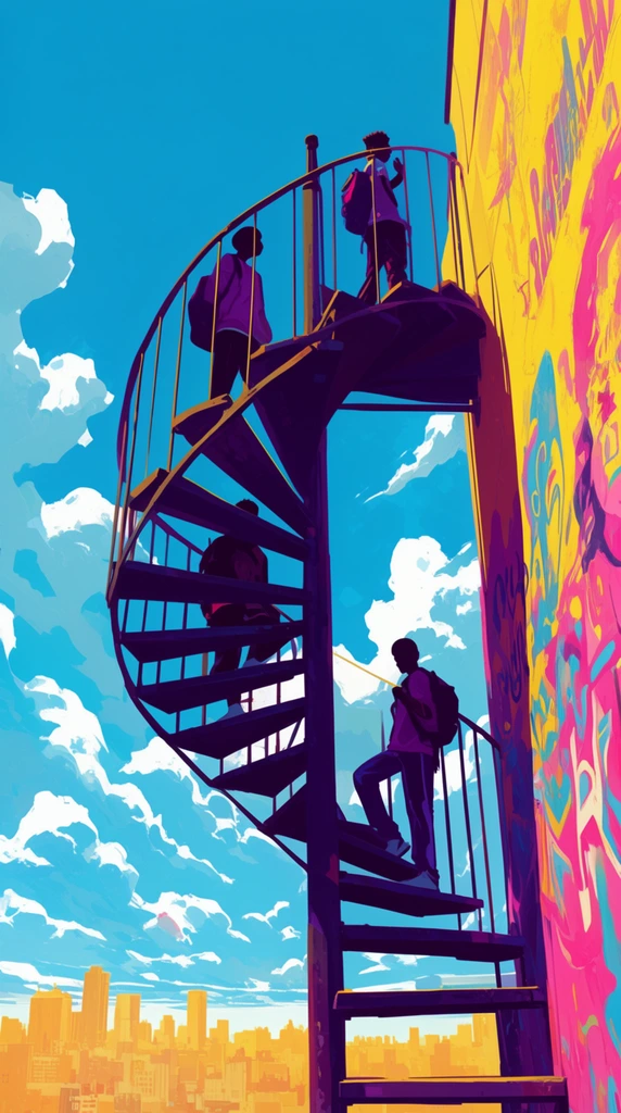 Three silhouetted youths with backpacks stand on an outdoor metal spiral staircase against a brilliant cyan sky with stylized white clouds. This vibrant digital illustration uses a dramatic low-angle perspective, bold pop colors, deep violet shadows, and a bright yellow and pink wall with abstract street art towering above a distant golden city skyline.