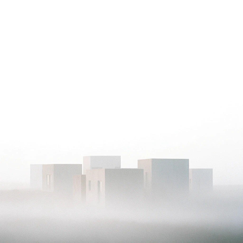 high-key monochrome photograph, minimalist aesthetic, a cluster of several small cubic buildings in the lower half of the frame, vast expansive white sky dominating the composition, thick atmospheric fog softly blending the architecture into the background, soft diffused lighting, heavy film grain, ethereal mood, subtle silhouetted textures, low contrast mid-tones, extremely bright highlights, expansive negative space, sense of isolation and scale, dreamlike hazy horizon.
