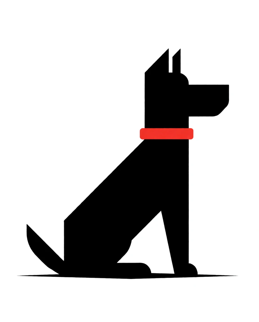 Minimalist flat vector illustration of a geometric black dog in profile against a pure white background. The highly stylized silhouette features sharp angles, a rectangular snout, pointed ears, and a prominent bright red collar. Crisp negative space defines the blocky legs, resting on a thin, tapering black horizontal ground line.