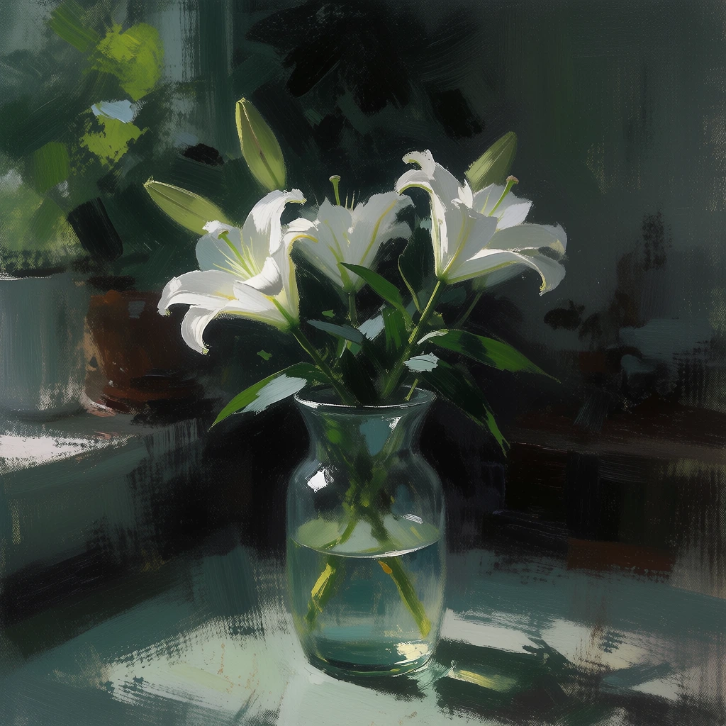 lilies in a glass vase, painterly impressionistic style, thick gestural brushstrokes, moody chiaroscuro lighting, dappled sunlight filtering through dark foliage, deep forest green and charcoal background, vibrant lime green accents, glowing white and pale yellow highlights on petals, translucent glass vase with cool teal and cerulean reflections, gestural sketchy white outlines, ethereal and romantic aesthetic, soft focus depth of field, rich textures, high contrast luminous glow.