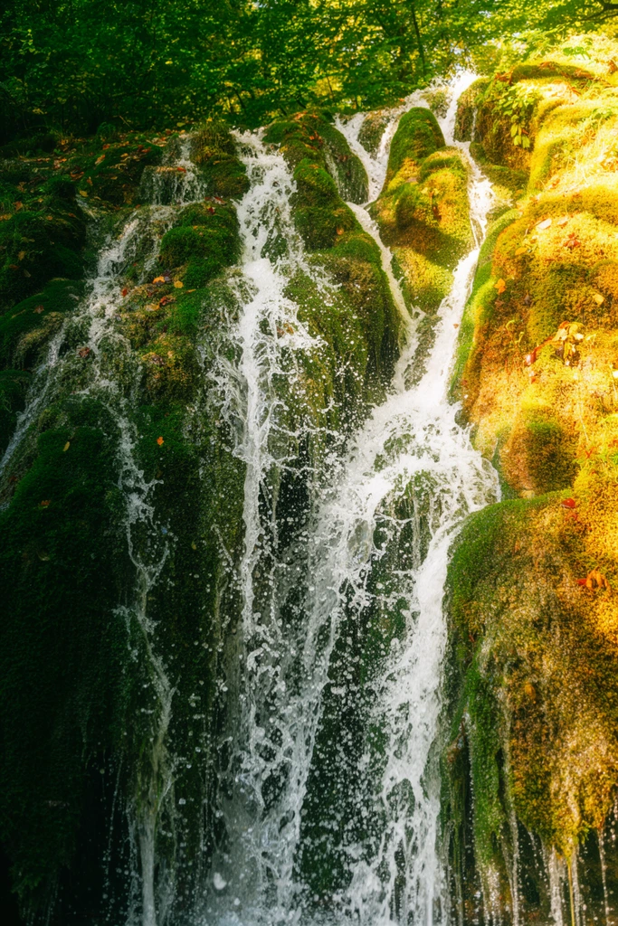Crisp white streams of a cascading waterfall tumble down uneven, moss-covered rocks in a lush forest setting. The water breaks into hundreds of suspended droplets frozen in mid-air as it flows over the rugged terrain. Thick moss carpets the rocky surfaces, with the left side shrouded in deep emerald shadow and the right side brilliantly illuminated in golden-yellow sunlight. A dense canopy of vibrant green foliage spans the top edge. Tiny fallen autumn leaves cling to the wet vegetation. A low-angle perspective highlights the dynamic, rushing motion of the water against the highly textured organic surfaces and striking high-contrast natural lighting.