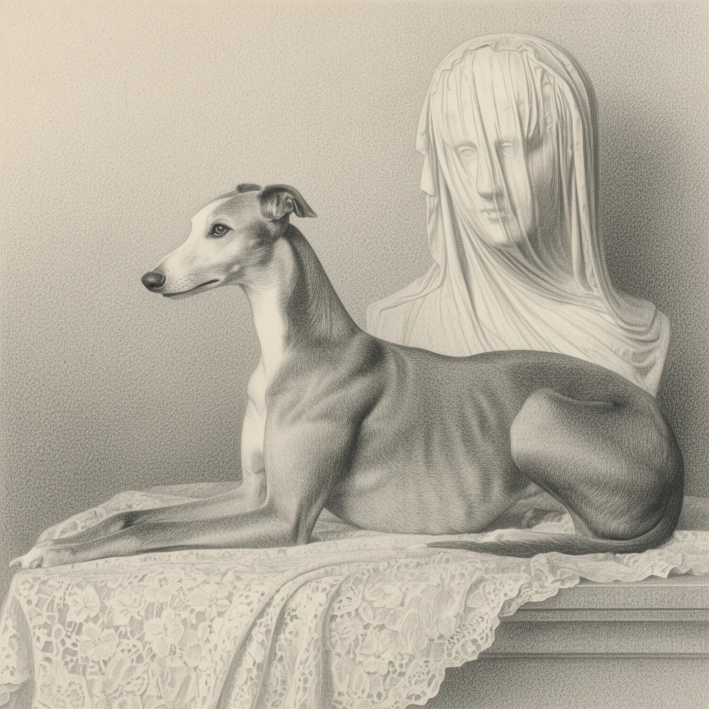 slender greyhound lying in profile, classical bust of a veiled woman in the background, resting on a draped lace cloth, monochromatic graphite drawing, fine stippling, academic realism