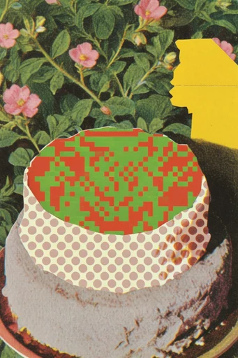 Glitch Botanical Synthesis style reference image — mixed-media collage