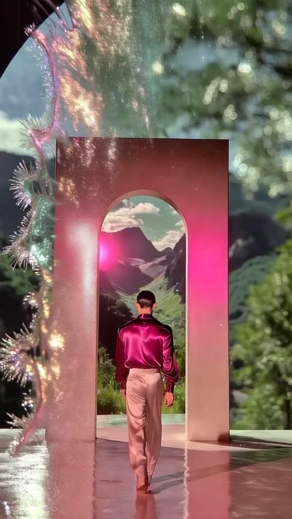 surreal high-fashion editorial, starry sky shimmering with dewy crystalline glitter and iridescent fuchsia nebulas, centered monolithic arched doorway revealing a crisp daylight mountain landscape with lush emerald peaks, lone man in satin-sheen clothing walking toward the portal, soft diffused lighting with an ethereal glow, vibrant magenta and berry color grading, shallow depth of field with bokeh-rich background, hyper-realistic dewy textures, wet-look finish, avant-garde luxury.