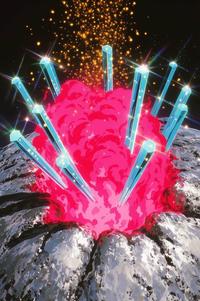 cyan hexagonal light prisms piercing a massive magenta plasma eruption, bursting from a silver asteroid into black space, golden embers drifting upward, retro sci-fi anime style, glowing optical effects