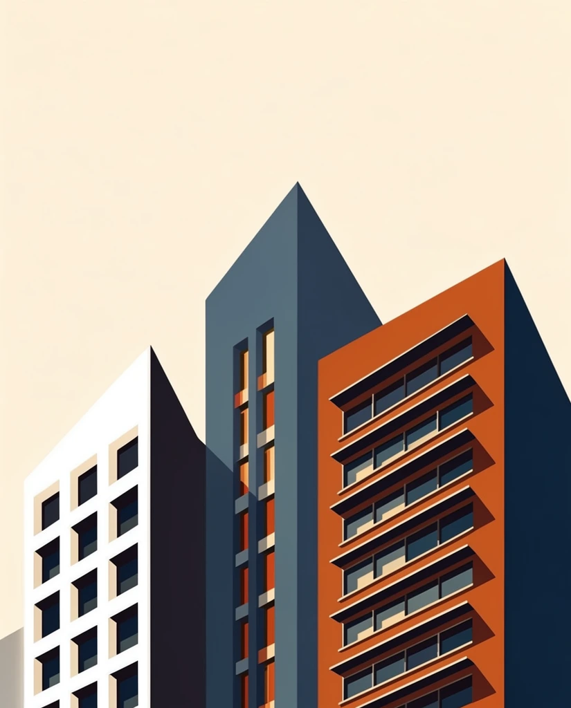 Three minimalist geometric high-rises stand against a vast, creamy off-white sky. The left structure has a stark white facade with deeply recessed dark square windows and a slanted charcoal profile. The taller central slate-blue building features a pointed roofline and vertical window columns with warm orange interior accents. The rightmost burnt orange building showcases horizontal windows shaded by dark jutting awnings and a sharply angled navy side. Rendered as a flat vector illustration, strong directional sunlight casts crisp, hard-edged drop shadows across the sharp architectural planes, highlighting a striking high-contrast mid-century modern color palette.