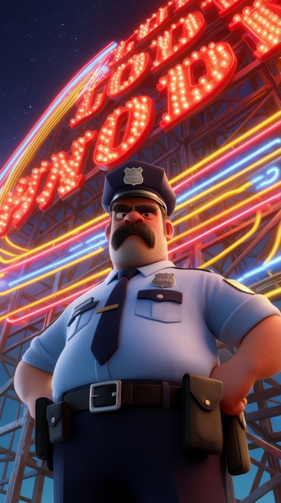 stylized 3D animated stout security guard, thick mustache, stern expression, hands on hips, light blue shirt, dark tie, cap, utility belt, extreme low-angle perspective, massive glowing neon sign framework background, intricate metal grid, bright red bulbs, yellow and blue neon tubes, starry night sky, dramatic cinematic lighting, vibrant neon glow, cartoon aesthetic