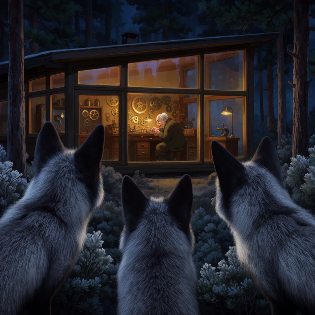Three large silver foxes peer from a dark pine forest toward a brightly lit mid-century glass cabin. The broad, fur-covered backs and pointed ears of the foxes dominate the deep foreground, silhouetted among frost-covered bushes. In the background, glowing rectangular windows reveal a warm, amber-lit interior where an elderly watchmaker hunches over a workbench covered in brass gears. Rendered in a detailed 2D animation style, the composition contrasts the cool, shadowy blues of the nocturnal wilderness with the golden warmth of the human dwelling.