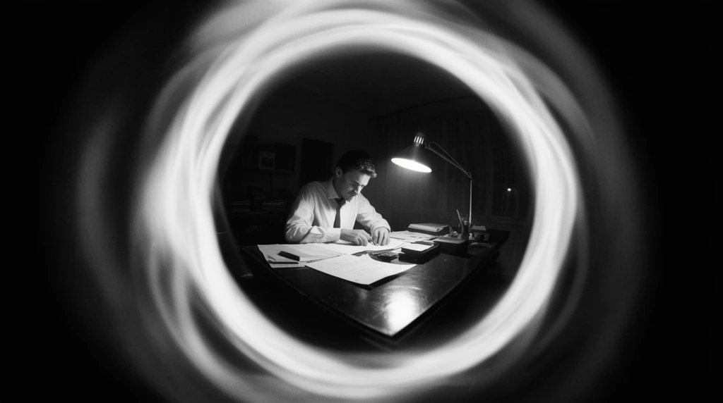 black and white photograph, man in a light dress shirt seated at a dark desk working on papers, intensely illuminated by an overhead lamp, framed by a striking out-of-focus swirling white light ring, extreme fisheye distortion, heavy dark vignette, high contrast chiaroscuro lighting, deep shadows