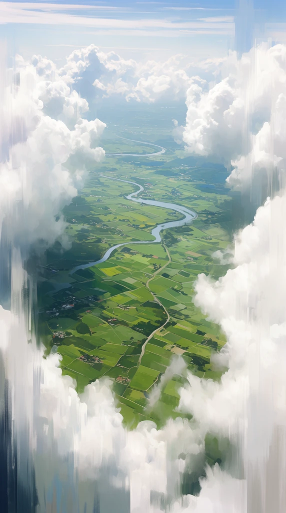 aerial view of green patchwork fields and a winding river framed by an opening in thick white clouds, high altitude perspective of an agricultural landscape, scattered settlements, digital painting, expressive vertical brushstrokes on cloud edges, fluffy cumulus clouds, atmospheric perspective, hazy terrain, bright cinematic daylight