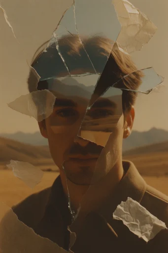 Surreal Deconstructed Portraiture style reference image — torn paper collage