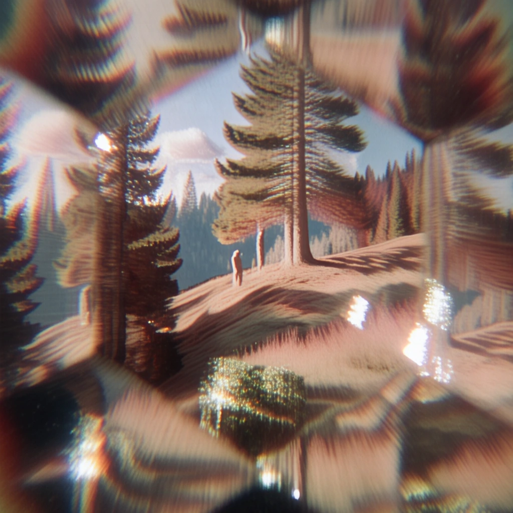 kaleidoscopic prism lens effect with multiple faceted reflections and radial geometric distortion, a forested hillside sloping upward to the right filled with numerous pine trees, at the crest stands a single tall pine tree and a tiny person, soft focus dreamlike atmosphere, warm golden hour lighting, shimmering prismatic light flares, film grain texture, earthy palette with deep greens and amber tones, fragmented composition, ethereal vintage cinematic aesthetic.