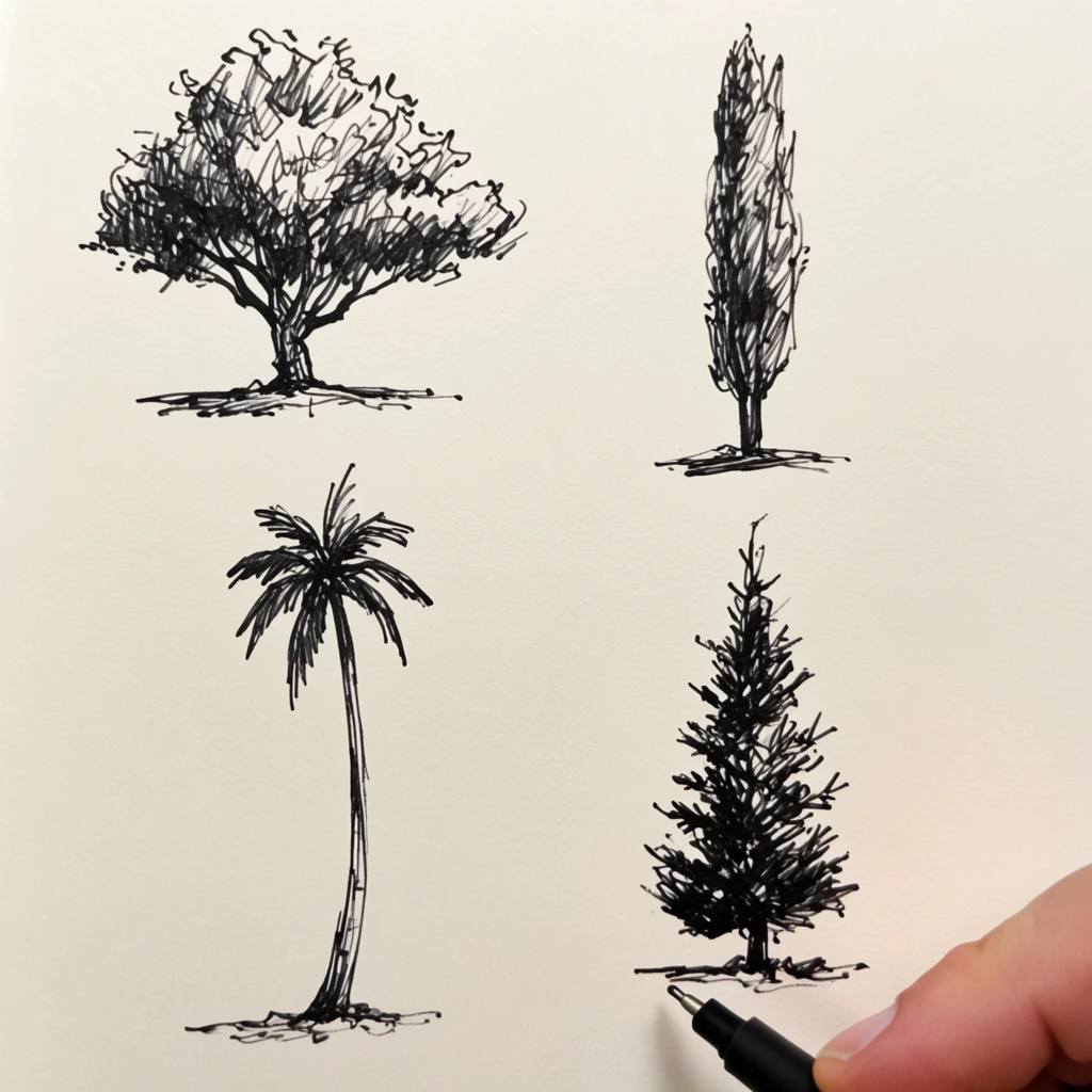 A black ink sketch on off-white paper illustrating four trees in a two-by-two grid: a broad leafy tree, a slender columnar tree, a tall curved palm, and a jagged conical evergreen. Each tree stands on a short sketched ground line. In the bottom right foreground, a hand holds a black fine-liner pen, its tip touching the paper just below the evergreen. The artwork utilizes loose, expressive strokes and energetic hatching.