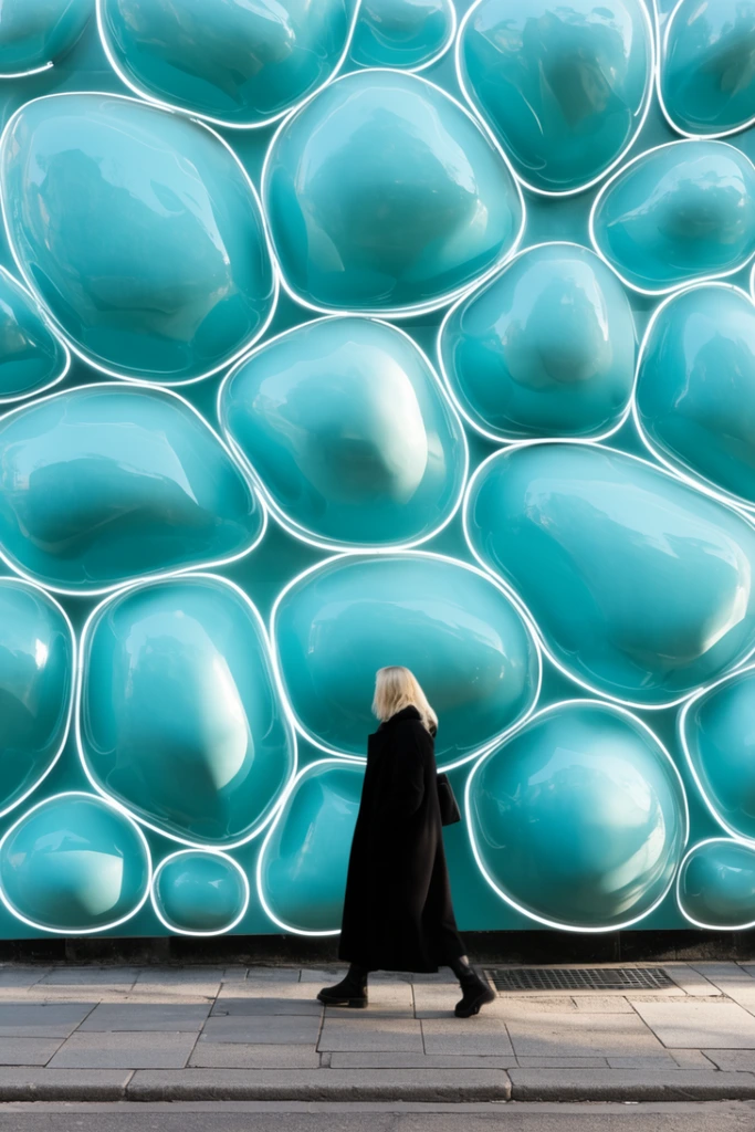 A glossy aquamarine street facade features massive, bulbous 3D relief shapes outlined in glowing white neon. A pedestrian with blonde hair wearing a long black coat strides past the gleaming, vibrant teal wall along a gray stone sidewalk under bright daylight.