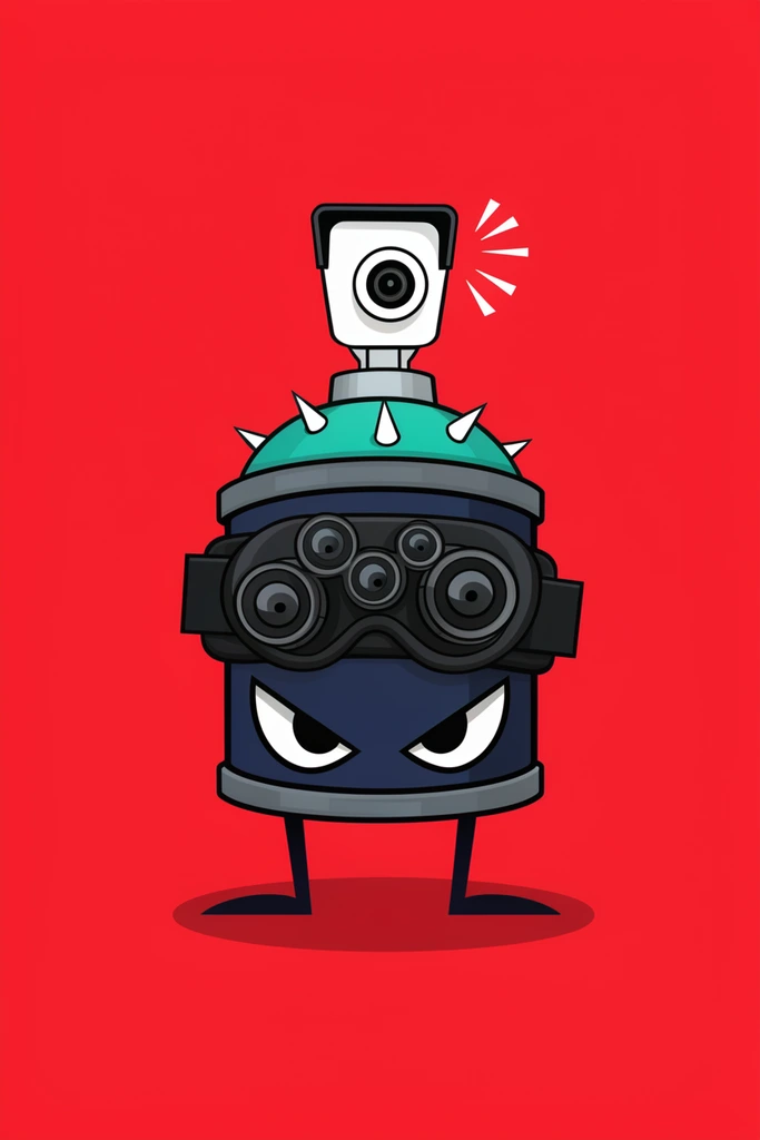 A stylized, anthropomorphic spray paint can character stands centrally against a solid, vibrant red background. The figure's head is a white security camera with a single black lens accompanied by small white radiating action lines. A teal dome with white spikes forms a collar beneath the camera head. Strapped across the dark grey midsection is a prominent set of black multi-lens goggles. The dark blue cylindrical lower body features two large, sharply angled, menacing white eyes. The stout character balances on thin black stick legs with flat dark feet, casting a simple dark red oval shadow. Rendered as a 2D vector illustration with clean black outlines and flat pop-art coloring, the design combines urban surveillance and graffiti motifs into a compact, aggressive graphic mascot.