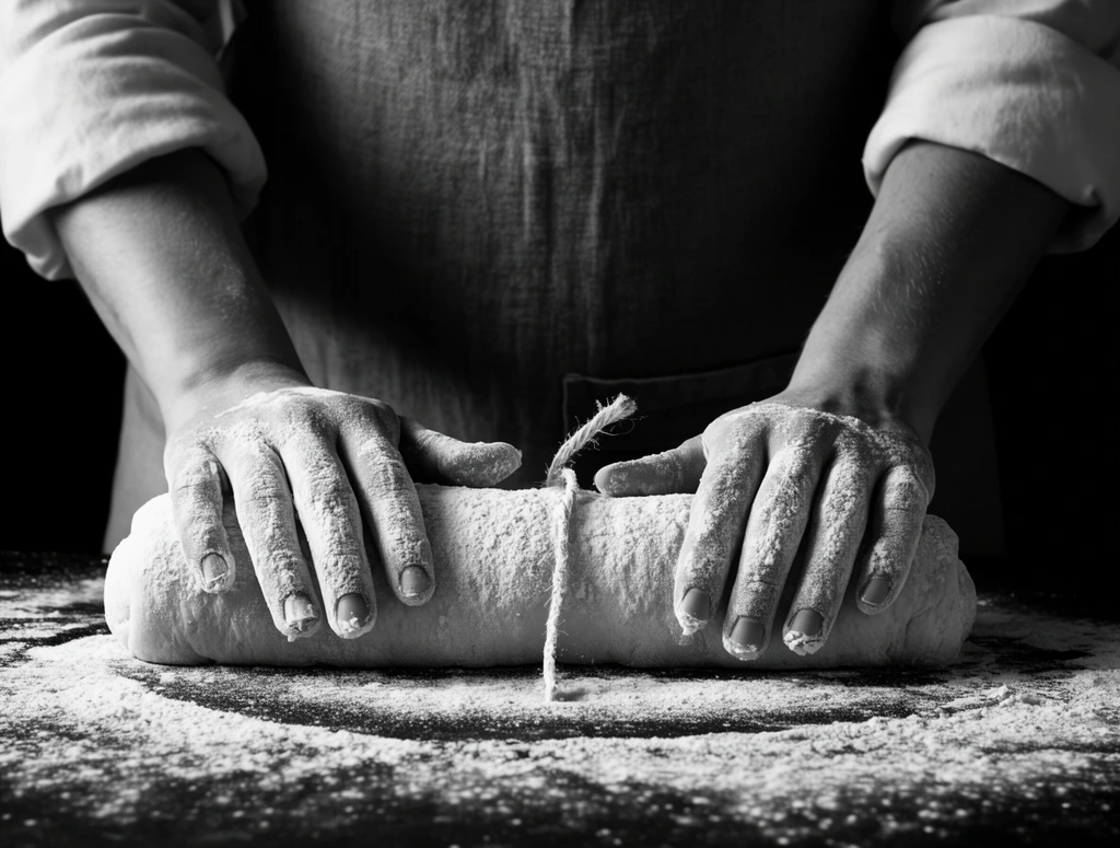 Black and white close-up of flour-covered hands pressing a thick cylindrical log of dough on a dark, flour-strewn surface. The baker wears a textured apron over rolled sleeves. High-contrast chiaroscuro lighting dramatically highlights the tactile powder, skin details, and a single piece of twine hanging over the dough against a pure black background.