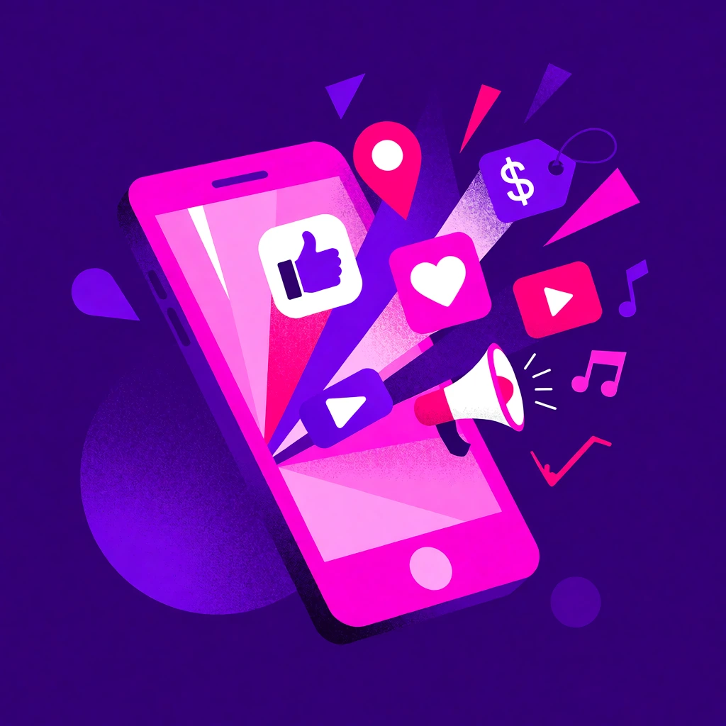 stylized bright pink smartphone angled dynamically on a deep purple background, floating interface icons bursting outward including a thumbs up, heart, map pin, play button, musical notes, price tag, and megaphone, flat vector graphic, stippled noise texture, vibrant neon magenta and violet color palette, dynamic isometric composition, abstract geometric background accents