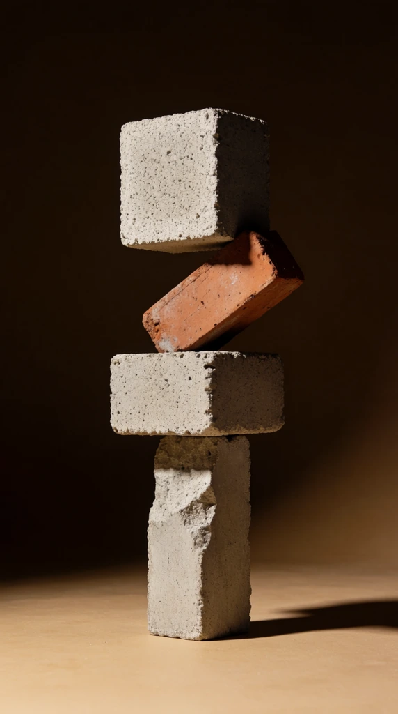 precarious vertical stack of three textured building blocks, light gray porous square concrete block balancing on a chipped vertical concrete pillar, weathered reddish-brown terracotta brick wedged diagonally between them, minimalist sculptural still life, dark warm brown to sandy beige seamless backdrop, dramatic directional spotlighting, sharp deep shadows, earthy palette, high resolution macro photography