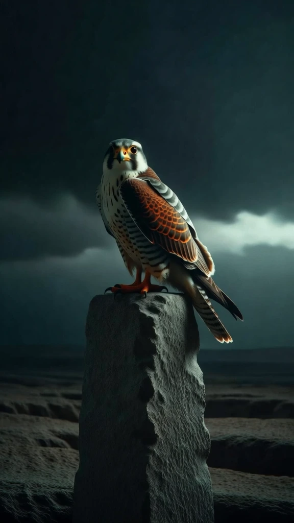 solitary falcon perched atop a central rough-hewn stone pillar, barren rocky landscape stretching to a distant horizon under a heavy cloudy sky, moody low-key lighting with dramatic side-highlights, desaturated palette of slate blues and deep charcoal, sharp focus on intricate feather textures and weathered stone grain, minimalist centered composition, cinematic atmospheric haze, soft vignette, high-contrast shadows, clean fine-grain photographic rendering, melancholic and contemplative mood.