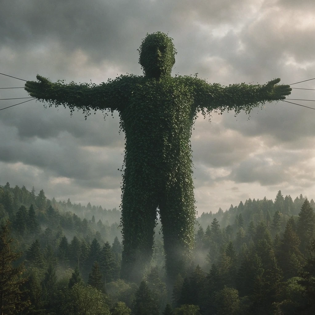 A colossal humanoid figure entirely covered in dense green vines stands with arms outstretched horizontally above a sprawling misty forest. The massive silhouette lacks distinct facial features, functioning as a towering topiary giant enveloped in dark leafy foliage. Its arms extend straight out to the sides, appearing connected to thin, taut dark wires stretching horizontally off-canvas, resembling a monumental suspended effigy. The figure looms over a hilly canopy of countless evergreen trees, subtly shrouded in atmospheric fog at the base. The sky above is overcast with textured, dramatic gray clouds, casting a soft, moody light over the surreal landscape. The palette features deep earthy greens, muted grays, and atmospheric haze, rendering a cinematic, photorealistic aesthetic.