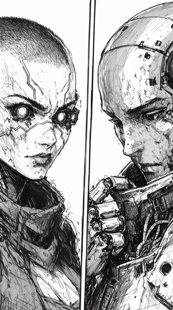 A split vertical manga panel rendered in rough, high-contrast black-and-white ink sketching detailing an intense standoff between two battle-damaged cyborgs. On the left, a veteran female warrior with a shaved head and geometric facial scars glares forward through glowing cybernetic optical implants. On the right, an android with metallic cranial plating raises an articulated mechanical hand to adjust a heavy armor collar filled with exposed wiring. The extreme close-up framing isolates their heavily textured faces, shaded with frantic cross-hatching and jagged, erratic ink lines. These aggressive, scratchy pen strokes against a stark white background create a gritty, frenetic energy central to this chaotic science fiction confrontation.