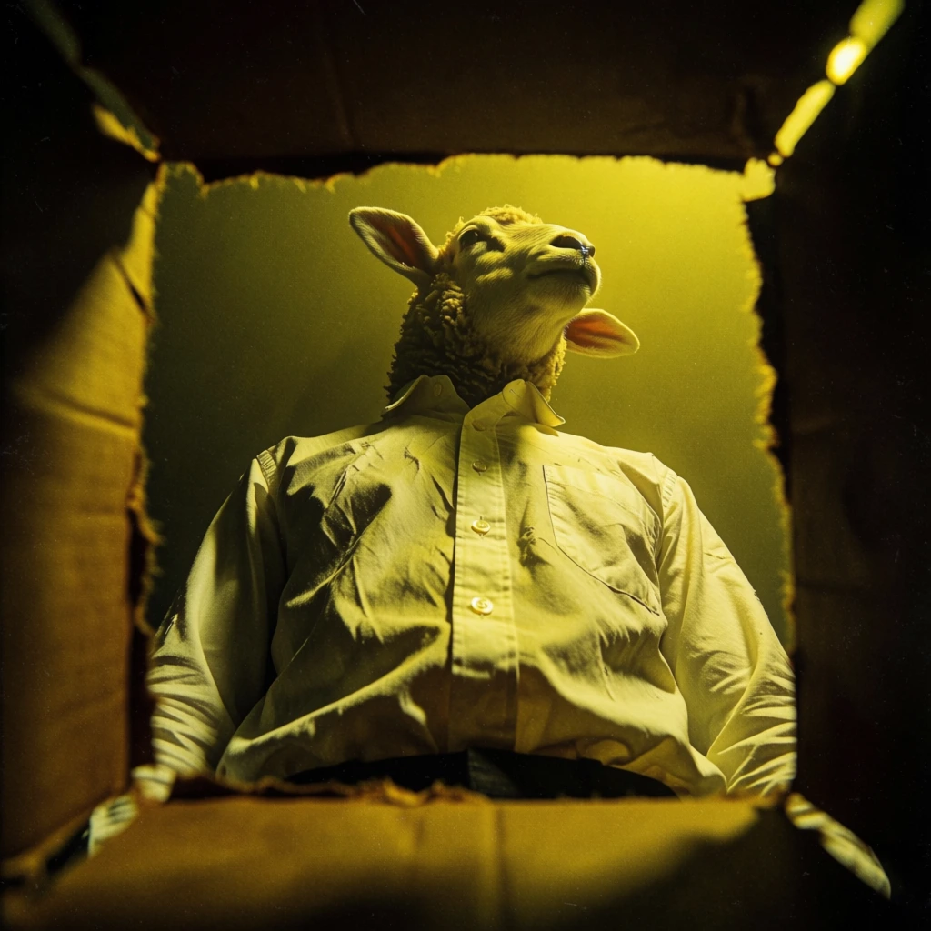 extreme low-angle worm's-eye pov from deep inside a dark cardboard box looking up, a figure from the chest up wearing a starched white button-down shirt with a realistic sheep's head facing slightly right and ears extended horizontally, framed by the dark silhouettes of box flaps, bathed in a sickly jaundiced sulfurous-yellow light, heavy cinematic film grain, high-contrast dramatic chiaroscuro shadows, gritty 90s neo-noir aesthetic, tactile paper textures, claustrophobic atmosphere