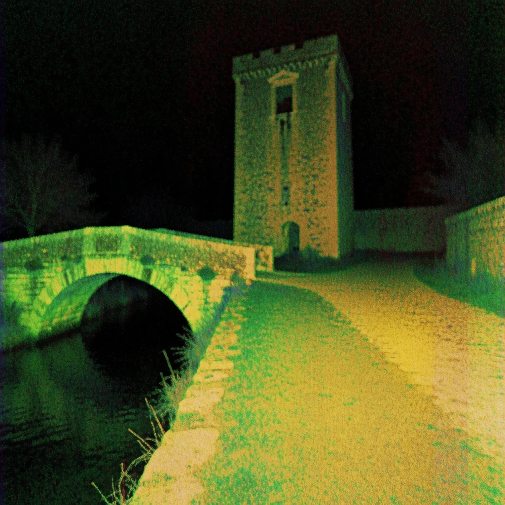 ultra low-resolution digital night vision photography, heavy sensor noise and dithered texture, high-contrast deep black shadows, monochromatic green and yellow color palette, grainy lo-fi aesthetic, liminal space atmosphere, ancient stone bridge arching over a dark river, tall stone watchtower, gritty thermal texture, distorted digital artifacts, eerie mood, handheld camera perspective, dense pixelation, vibrant lime and ochre grain, high-iso distortion