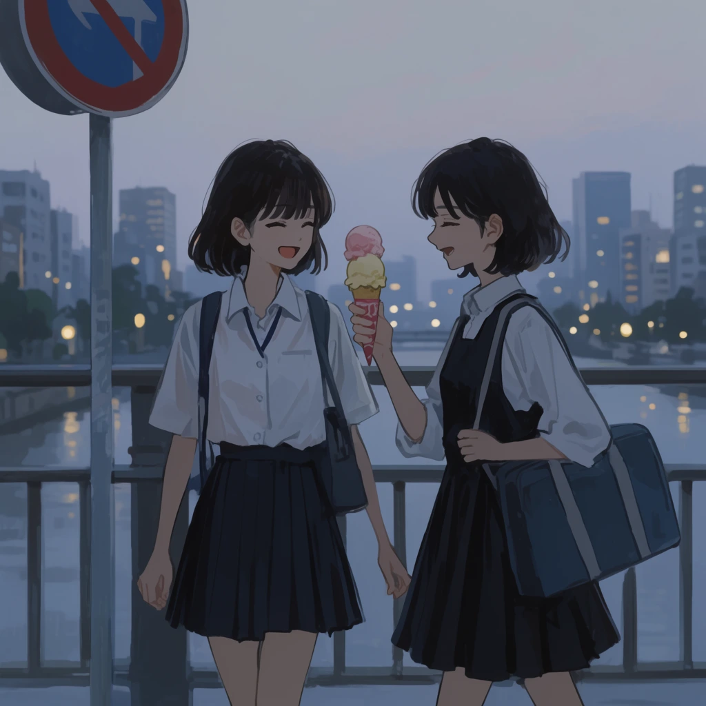 Two anime-style schoolgirls share a two-scoop ice cream cone on a city bridge at dusk. The girl on the right, wearing a dark pinafore over a collared shirt, holds the ice cream toward her friend. Her companion, dressed in a white shirt and dark pleated skirt, smiles warmly with closed eyes. They stroll past a metal railing and a circular street sign. The background features a hazy twilight cityscape rendered in muted blue and grey tones, dotted with the soft yellow glow of streetlights and distant building windows.