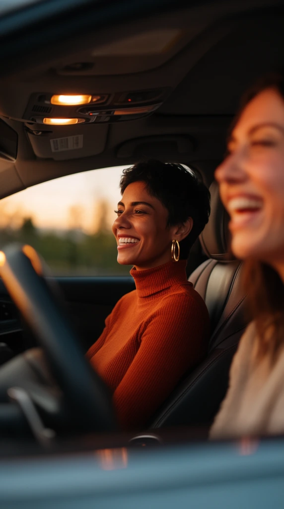 cinematic lifestyle photography, car interior at sunset, shallow depth of field, sharp focus on a smiling woman with short dark hair in a burnt orange turtleneck and gold hoop earrings, heavily blurred laughing woman in the extreme right foreground, blurred steering wheel on the left, out-of-focus dusk sky and trees visible through the window, warm golden hour light, dark leather interior, glowing overhead dome lights