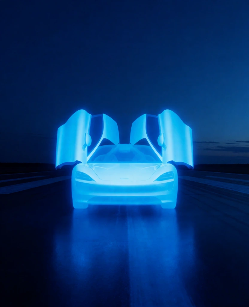 ethereal monochromatic electric blue scene, car with dihedral doors fully open on a dark runway, luminous glowing silhouette with a soft radiant aura, translucent ghostly aesthetic, high contrast against a deep indigo night sky, subtle horizon line, light-painting effect, reflection of the glowing vehicle on the smooth tarmac, cinematic surreal atmosphere, minimal composition, soft edges, cyan and navy color palette, long exposure style, radiant light energy.