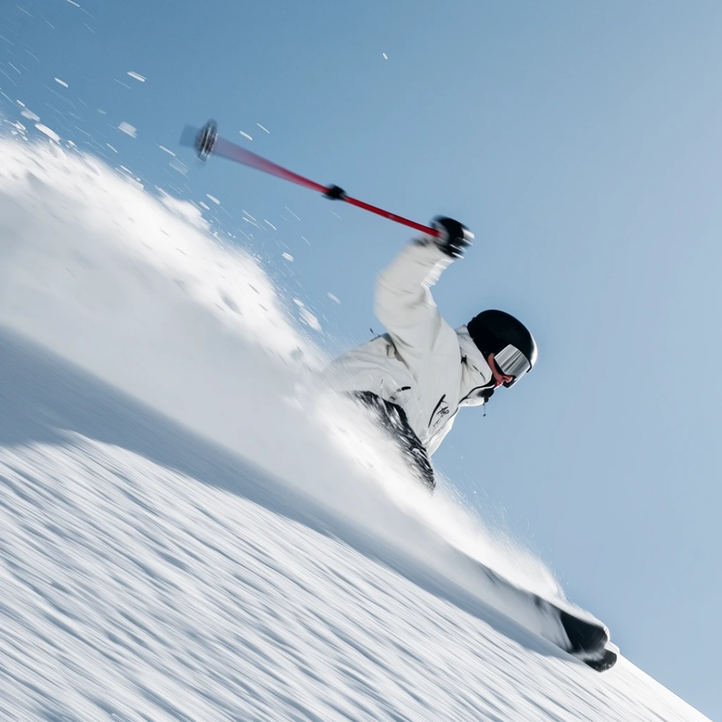 extreme skier carving aggressively down a steep powder snow slope, massive white snow spray trailing behind, dramatic diagonal composition across the lower frame, skier wearing a white jacket and dark pants, black helmet, reflective goggles, raised arm holding a blurred ski pole with a red grip, bright textured snow ridges, solid light blue sky background, high speed motion blur on flying snow particles, minimalist color palette, action sports photography, dynamic downhill momentum