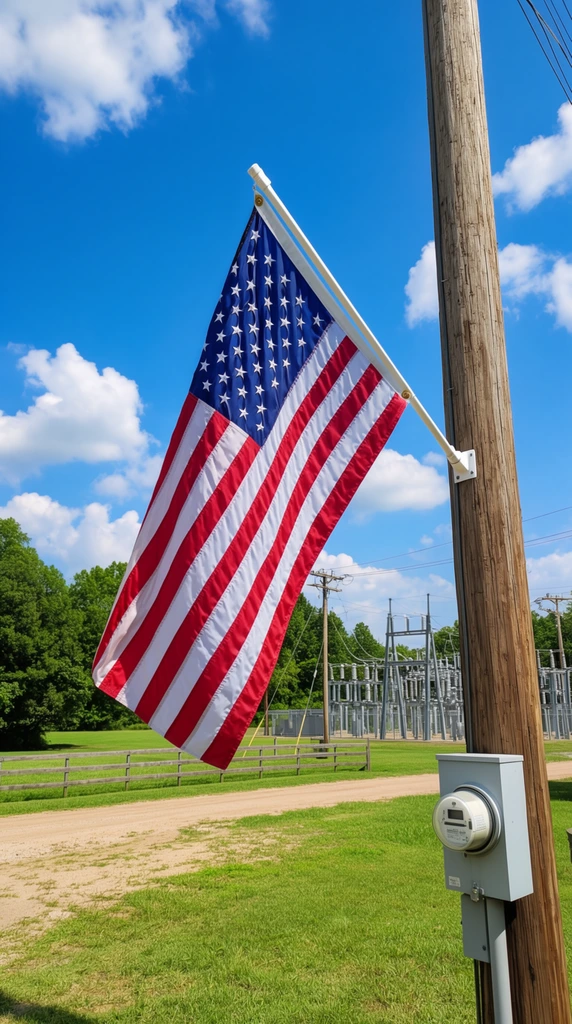 An American flag hangs from a wooden utility pole against a bright blue sky with scattered fluffy white clouds. The flag is attached to the pole with a white bracket and leans outward, its fabric draped downwards. The utility pole is situated on the right side of the frame, with an electrical meter box attached to its base. In the background, there is an electrical substation, other utility poles, lush green trees, a grassy area, a dirt road, and a wooden fence. The scene is captured on a sunny day with clear, vibrant lighting.