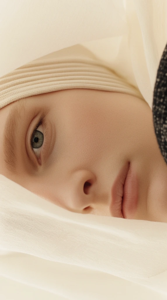 An extreme close-up portrait captures a sideways-tilted face intimately framed by delicate off-white fabric. Smooth pale skin surrounds a single visible grey-green eye, a soft nose, and gently parted lips. A thin, ribbed cream material wraps the forehead, contrasting with a sliver of dark woven cloth on the right edge. Shot from a 90-degree angle, this tightly cropped macro photograph uses soft, warm diffused lighting to highlight subtle skin and textile textures, producing a serene, ethereal, high-fashion editorial aesthetic.