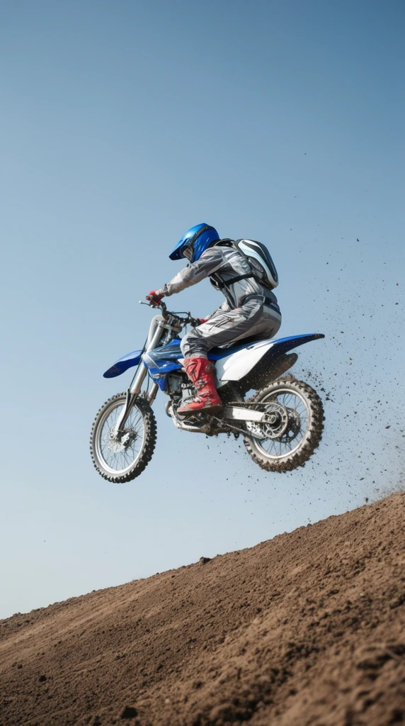 A motocross rider on a blue and white dirt bike is suspended high mid-air against a vast, clear blue sky. The rider leans forward in a dynamic crouch over the handlebars, wearing a blue full-face helmet, grey and white racing gear, a streamlined backpack, and red boots. Flying soil particles trail from the knobby rear tire, frozen to emphasize explosive upward momentum. Below the airborne motorcycle, a textured brown dirt ramp slopes diagonally across the lower frame. Captured from a low-angle perspective with a high shutter speed, the bright daylight action photography starkly isolates the mechanical subject and flying debris against the minimalist gradient backdrop.