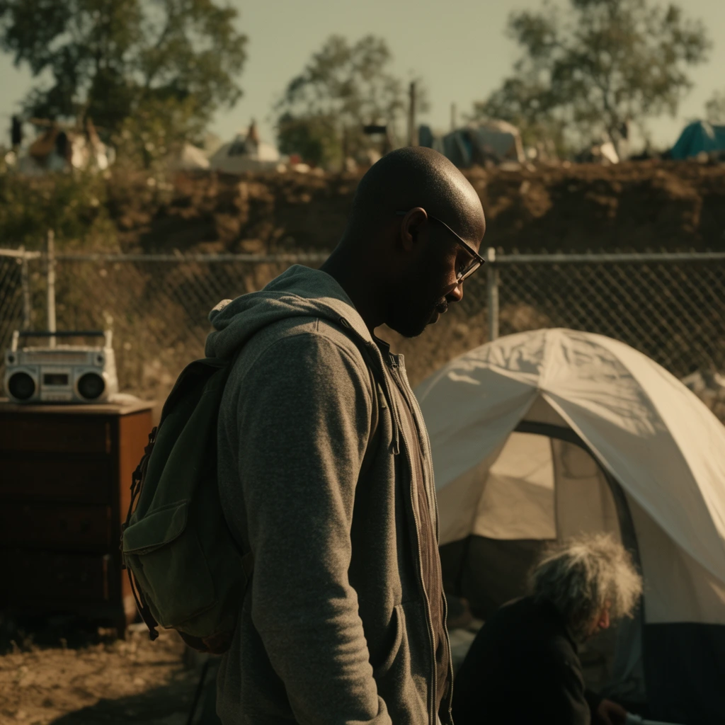 Black man in profile with a shaved head and glasses, wearing a grey zip-up hoodie and green canvas backpack, head lowered, blurred background figure with unruly grey hair tending to a white and grey dome tent, makeshift outdoor encampment, dark wooden dresser topped with a silver boombox, chain-link fence, raised dirt embankment, scattered trees, cinematic film still, moody earthy color palette, warm filtered sunlight, high contrast shadows, shallow depth of field