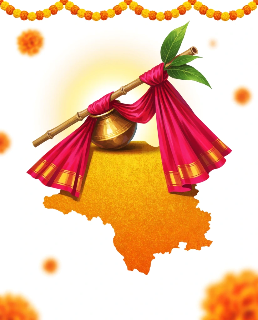 Traditional Gudi arrangement atop a textured golden-yellow map silhouette, bamboo pole draped in bright pink gold-trimmed fabric, green leaves, inverted brass pot, radiant central glow, white background with soft bokeh of orange blossoms, marigold garland top border, festive digital illustration