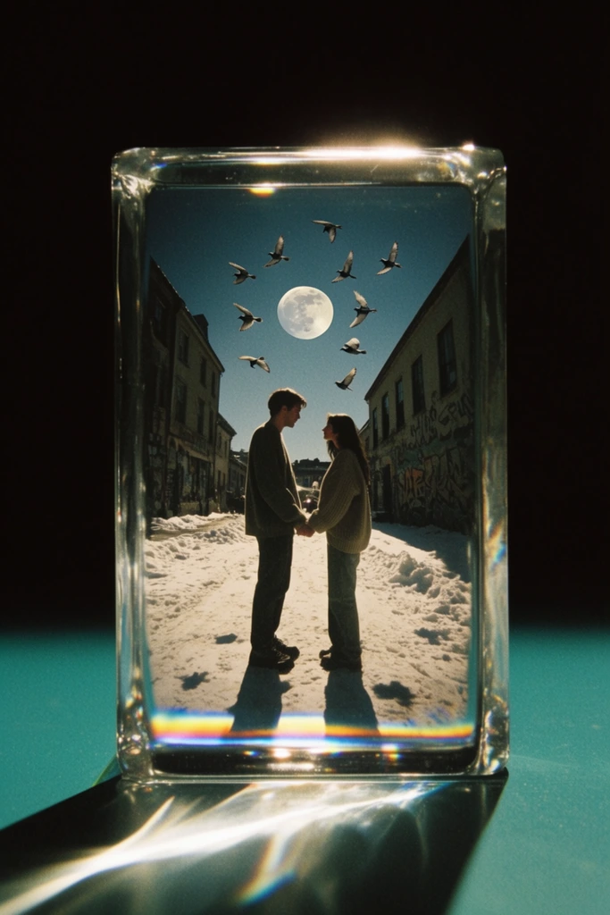 A vertically oriented, thick transparent glass block stands upright on a smooth teal surface against a solid pitch-black background, encapsulating a high-contrast photographic scene within its crystalline volume. Inside the block's sharp rectangular borders, a man and a woman stand facing each other in the center foreground, their hands clasped, both wearing oversized sweaters and pants. Behind them stretches a street blanketed in snow, bordered on both sides by buildings displaying visible windows and graffiti. A large full moon anchors the sky above the street, encircled by ten birds in flight. The embedded scene features harsh, highly directional lighting that casts deep, hard-edged shadows across the snow, matching a vintage 35mm film aesthetic with distinct grain and stark chiaroscuro. Externally, an intense light strikes the physical glass block, illuminating its polished top edge and refracting through its thickness. This creates a bright, elongated caustic light projection on the teal ground below, complete with a sharp rainbow spectrum of chromatic aberration along the bottom inner edge of the glass, vividly contrasting the illuminated optical elements with the surrounding pure dark void.