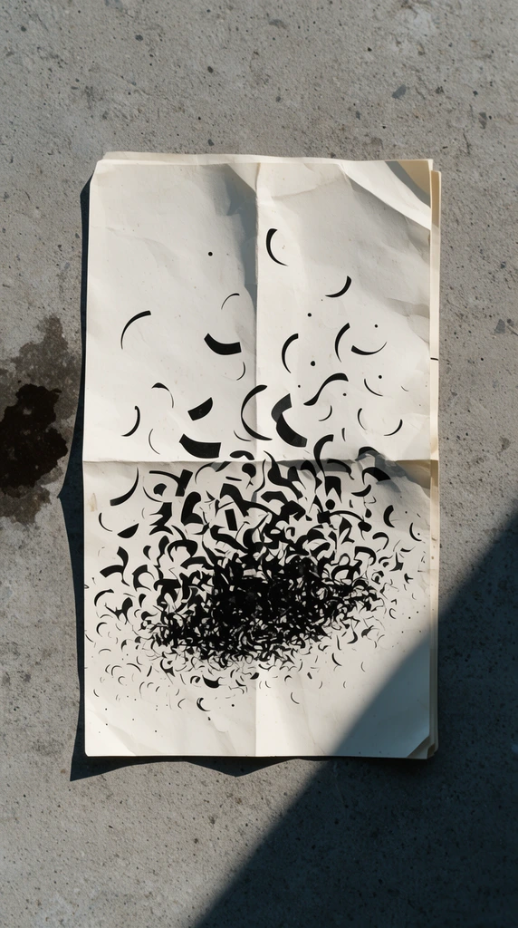 Folded off-white paper resting on rough grey concrete, cascading black abstract shapes and scattered curved marks condensing into a dense chaotic cluster near the bottom, sharp diagonal shadow crossing the bottom right, dark stain on the left concrete, hard directional sunlight casting sharp crease shadows, top-down angled perspective
