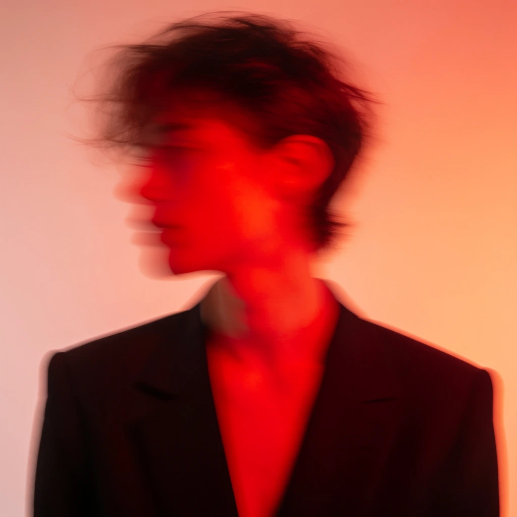 A heavily blurred portrait of a person in profile bathed in intense, saturated red light. The ethereal figure, facing left, features tousled dark hair and wears a dark tailored jacket with a deep V-neckline. A long exposure effect heavily obscures the facial features, creating a soft, ghostly aesthetic. An intense crimson glow flares across the center of the face and chest, fading into a warm peach and orange gradient against a minimal, studio background. The close-up bust composition prioritizes a moody atmosphere, striking monochromatic color, and smooth, dreamlike textures over sharp photographic details.