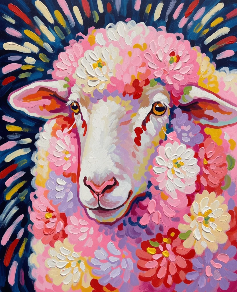 A dreamy, close-up painting of a sheep or ram fills the frame, its face calm and luminous while its wool blooms outward like oversized pink chrysanthemums against a dark, starburst-like blue background. oil or acrylic painting, heavy impasto appearance, expressive brushwork, contemporary floral-animal portrait, semi-figurative, decorative surrealism, maximalist, whimsical, radiant, celebratory, tactile, dense visual texture, painterly, reminiscent of Van Gogh, Matisse, Leonid Afremov, contemporary palette-knife floral portraiture, candy pastel palette, pink, lavender, baby blue, white, coral red, crimson accents, buttery yellow, deep cobalt, ultramarine, high saturation, medium-high contrast, even painted illumination, no camera settings applicable, no photographic artifacts, visible layered brushstrokes throughout. The sheep’s head is centered slightly right of middle, angled forward and a little downward, with the long white face occupying the central vertical axis and extending from the upper middle to the lower right quadrant. The nose sits near the lower right, outlined in warm pink-red, with a small dark nostril opening and a softly curved mouth beneath. One visible eye appears left of center on the face, almond-shaped, golden yellow with a dark pupil and a vivid red tear-like stroke descending from the inner corner. The ears stretch horizontally: the left ear projects toward the left edge from mid-height, open and pink inside with pale blue shadows; the right ear extends toward the right edge, partially obscured by surrounding wool. The wool around the forehead and crown forms huge, rounded flower-cluster masses in the upper half, especially top center, upper right, and upper left, made of short petal-like strokes in pink, white, lavender, and red. Around the neck and shoulders, especially lower left and bottom center, the fleece becomes looser, cascading in layered pastel dabs with occasional green and red flecks. Behind the left ear, near left-center, a bluish-purple circular floral form dotted with pale spots peeks through. The background is deepest blue on the right and upper edges, where yellow, cream, pink, and blue streaks radiate outward like fireworks or celestial rays, framing the sheep’s head and intensifying its glowing, mystical presence.
