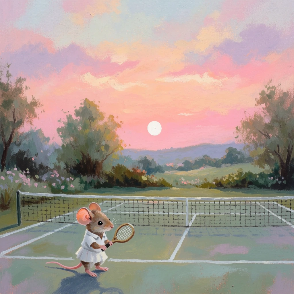 A whimsical painted scene shows a small mouse dressed like a tennis player, standing on an outdoor court at sunset and holding a racket as if waiting for the next shot. oil painting, gouache-like opacity, visible brushstrokes, hand-painted illustration, anthropomorphic animal portrait, storybook art, contemporary impressionist, naïve realism, whimsical pastoral sports scene, dreamy, gentle, playful, serene, medium visual complexity, textured painterly surface, loose edges, expressive mark-making, visually adjacent to Beatrix Potter, Maira Kalman, David Hockney, Raoul Dufy, pastel palette, blush pink, peach, pale lavender, teal, mint, deep green, cream, warm gold, soft exposure, moderate contrast, no camera settings applicable, no photographic artifacts, canvas-like texture implied. The composition is vertical, with a vast sky taking up the upper half and shifting from pale cool lavender at the top to broad horizontal sweeps of pink and peach nearer the horizon. Near the right-center horizon sits a round white sun, low and glowing, partly surrounded by warm yellow-orange light. Along the left edge, a tall tree trunk rises from the bottom and extends nearly to the top, with dark green, olive, and cream leaves spreading inward across the upper left corner; additional leafy shrubs cluster below it. A dark blue-green hill or tree line runs horizontally across the middle distance from left to right, slightly dipping and then rising again. In front of it, denser bushes and small trees in layered teal, navy, and mauve sit just right of center and along the right side, their forms soft and gestural. Across the midground stretches a tennis net, nearly horizontal, with a white top band and a dark mesh grid; a white post stands just right of center. The court fills the foreground in pale aqua and mint tones, with thin white boundary lines angling diagonally from lower center toward the right edge. Left of center in the foreground stands the mouse, about knee-high if imagined human-scale, facing right in profile. It has light brown fur, a rounded ear with a pink inner tone, a glossy black eye, a small pointed nose, and delicate bare feet. It wears a short-sleeved white tennis dress with a softly pleated skirt. Its arms extend forward, gripping a wooden tennis racket with a tan frame and dark crisscrossed strings, the racket head tilted up near the mouse’s face. A long cool shadow stretches from the mouse toward the bottom left corner, anchoring the figure in the low evening light.
