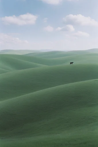 Minimalist Verdant Surrealism style reference image — rolling green hills