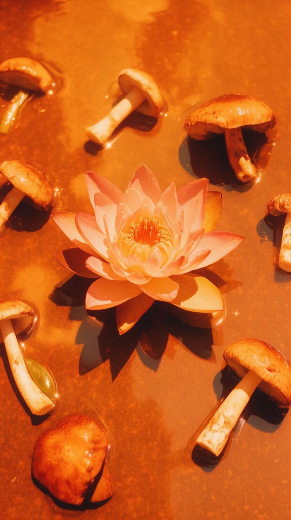 A top-down, flat-lay view of a lotus flower and scattered mushrooms resting on a highly reflective water surface bathed in harsh, intense amber light. The central blooming lotus sits beside several distinct mushrooms, all casting sharp, hard-edged drop shadows directly onto the glossy liquid beneath them. Crisp, glassy reflections of the petals and mushroom caps echo across the water. The composition is captured from a strict 90-degree overhead perspective, utilizing a direct-flash photography style that creates an overwhelming golden-orange color cast. High-contrast, directional lighting produces pronounced shadows and bright, specular highlights on the wet surfaces, resulting in a highly saturated, warm, retro still-life aesthetic with sharp focus throughout.