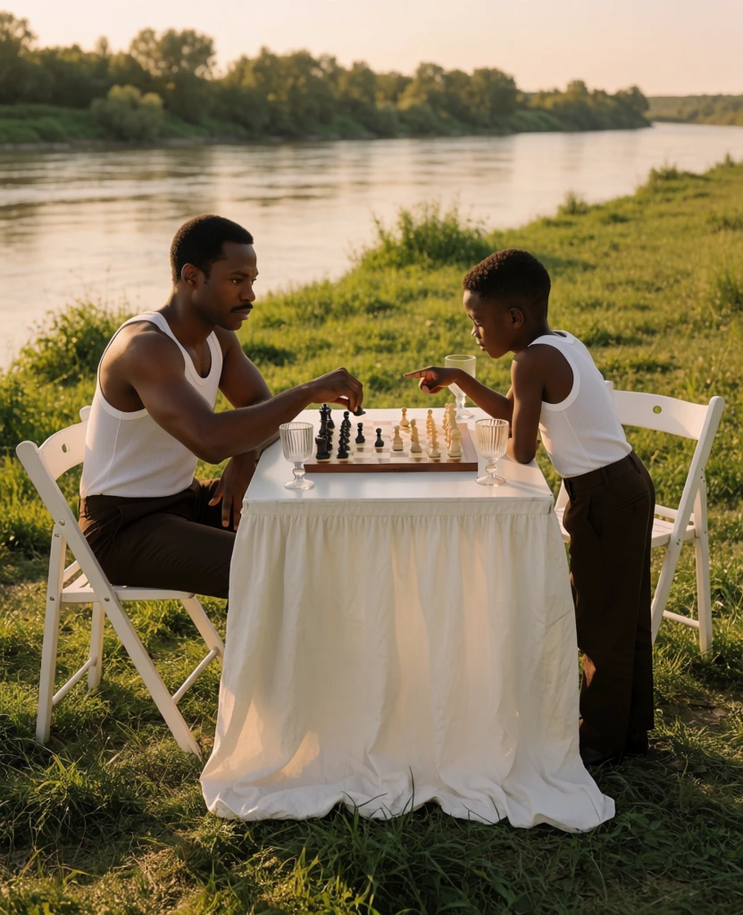 A man and a young boy engage in a game of chess at a table set on a grassy bank beside a wide river. On the left, a Black man wearing a white tank top and dark trousers sits on a white folding chair, holding a black chess piece over the board with his left hand while looking towards the child. Opposite him, a young Black boy in matching attire stands and leans against the table, his right hand pointing toward the wooden chessboard positioned in the center. The table is draped in a long, white, gathered tablecloth that reaches the ground. Two glass goblets sit near the chessboard. Another empty white folding chair is placed behind the boy. The scene unfolds on a lush green lawn that extends to the edge of a calm, wide body of water. In the distant background, a dense line of leafy green trees marks the far shore under a pale, warm-toned sky. The image is captured from a side-on, eye-level perspective with soft, warm natural lighting that casts gentle shadows across the grass and highlights the textures of the fabric. The overall color palette is dominated by warm yellows, greens, and the bright white of the subjects' clothing and furniture.