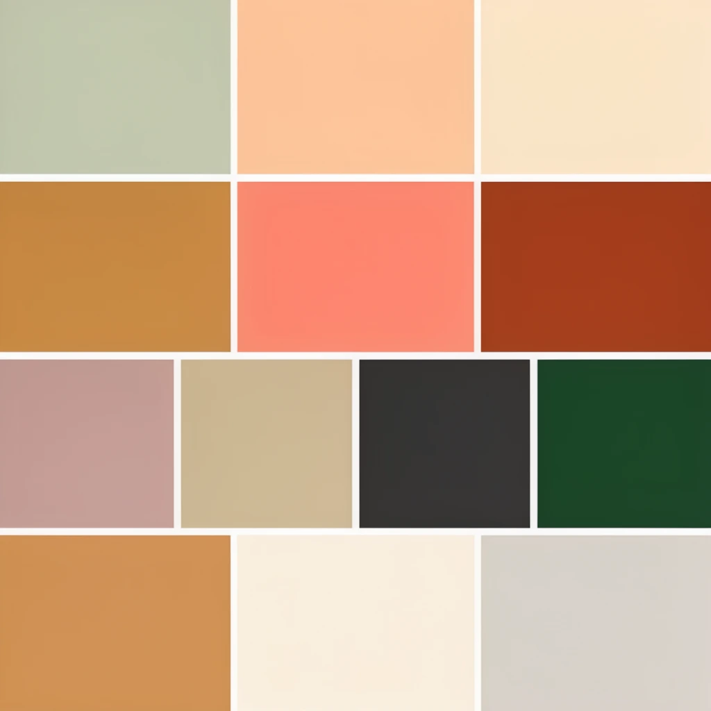 A minimalist geometric grid of solid rectangular color blocks separated by thin white borders. The smooth, flat composition displays an organized, earthy color palette. The upper areas feature pale sage green, soft peach, warm cream, golden brown, coral pink, and deep rust. The visual sequence progresses into dusty mauve, soft khaki, dark charcoal, and rich forest green, finally anchoring in warm caramel, pure cream, and pale stone gray at the bottom. The uniform spatial arrangement emphasizes a harmonious balance of warm terracotta hues, crisp cool neutrals, and deeply saturated accent tones.