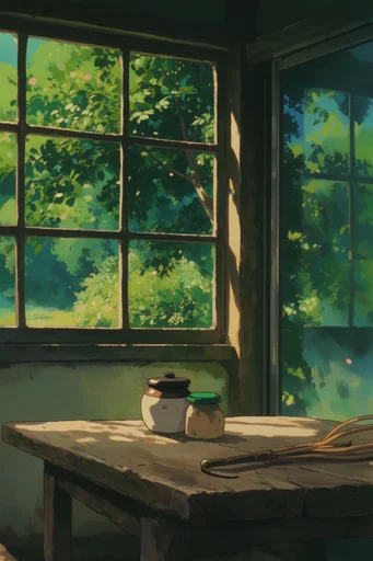 Nostalgic Ghibli Summer style reference image — dappled sunlight
