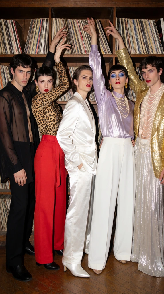 Five figures strike theatrical poses against a record-filled wooden bookshelf under harsh flash photography. Their vibrant, eclectic attire includes a sheer black overshirt, a leopard-print top with red trousers, a luminous white satin suit, a metallic lilac blouse with wide white pants, and a sparkly gold jacket layered with pearls over a shimmering silver skirt.