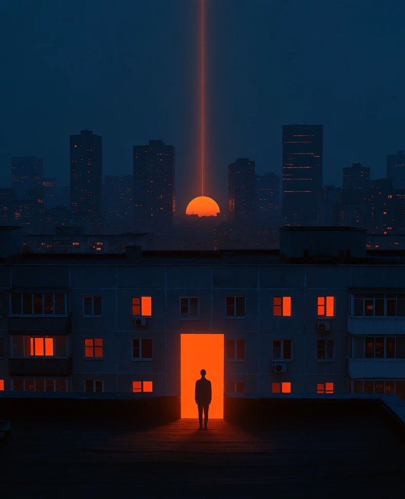 A lone silhouette stands centered within a rectangular, glowing orange doorway on a dark rooftop, beneath a vertical beam of light rising from a distant city skyline. The figure is small and dark, framed perfectly by the intense orange radiance of the doorway situated atop a large, multi-story apartment building. This building occupies the midground, its facade a deep, desaturated blue with several windows glowing in the same fiery orange hue. Beyond this structure, a dense urban landscape of skyscrapers stretches across the horizon, their forms silhouetted against a dark navy-blue sky. Numerous tiny, orange-lit windows dot the distant towers. At the center of the horizon, a semi-circular orange orb rests between the buildings, emitting a thin, vertical column of orange light that extends straight up to the top of the frame. The image features a high-contrast, two-tone color palette of deep blue and vibrant orange, creating a surreal and cinematic atmosphere. The perspective is straight-on and elevated, capturing the scene with a symmetrical composition focused on the central vertical axis formed by the person, the doorway, the orb, and the light beam.